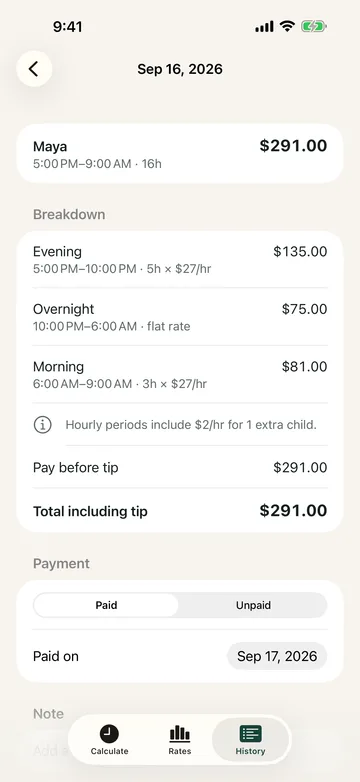 SitterRate overnight session on iPhone, itemized into evening, overnight and morning periods.