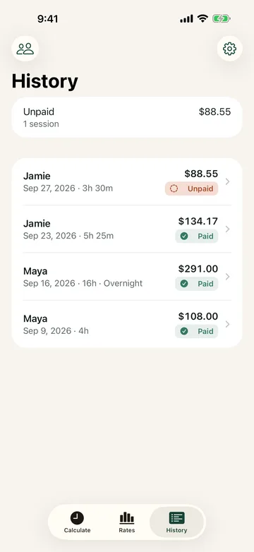 SitterRate history on iPhone listing saved sessions, paid and unpaid, with the unpaid total.