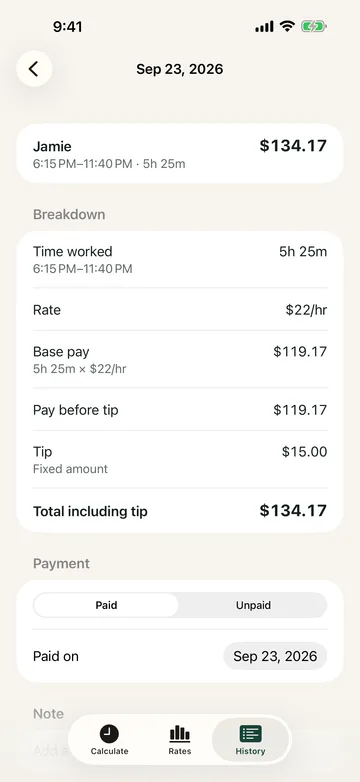 A saved SitterRate session on iPhone with every line of the calculation and share options.