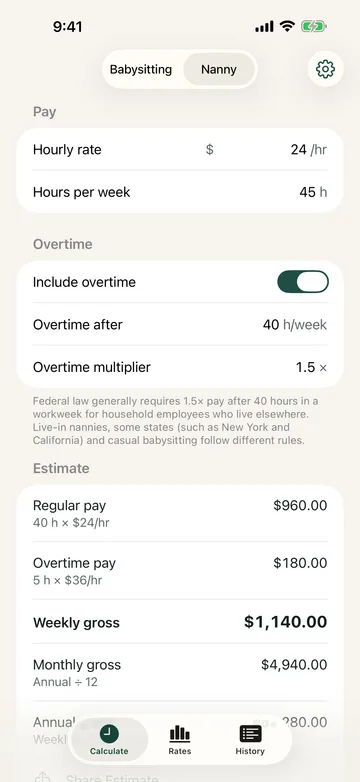 SitterRate nanny estimate on iPhone: weekly, monthly and annual gross pay with overtime after 40 hours.